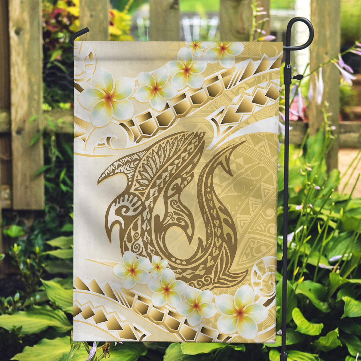 Gold Hawaii Shark Tattoo Garden Flag Frangipani With Polynesian Pastel Version LT14 Garden Flag Gold - Polynesian Pride