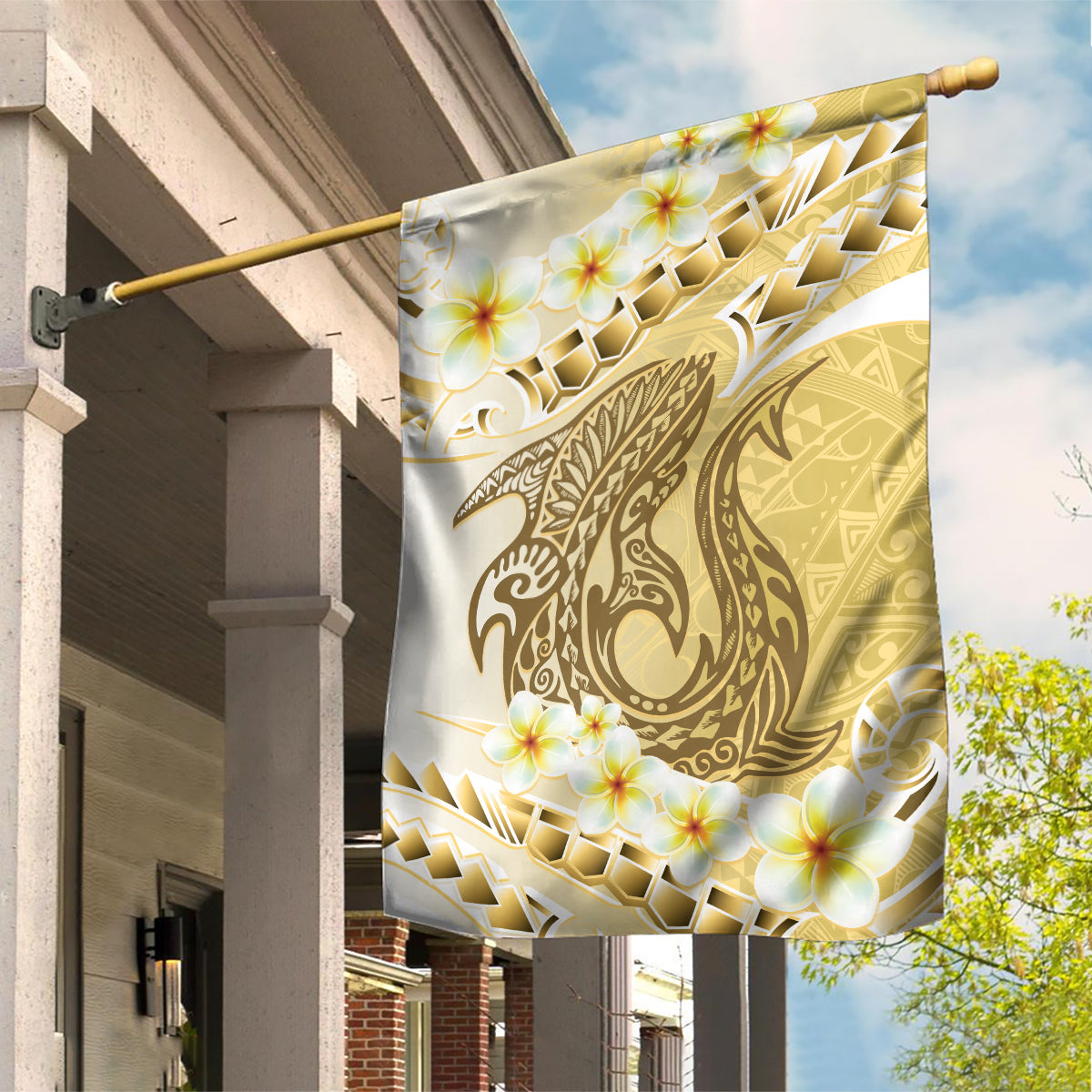 Gold Hawaii Shark Tattoo Garden Flag Frangipani With Polynesian Pastel Version LT14 House Flag Gold - Polynesian Pride