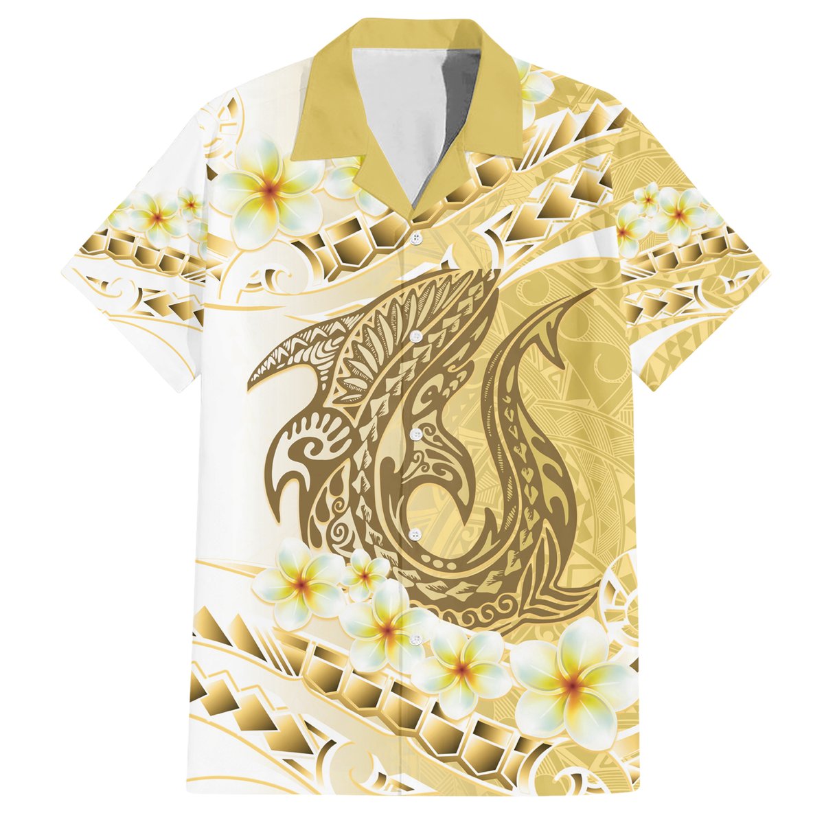 Gold Hawaii Shark Tattoo Hawaiian Shirt Frangipani With Polynesian Pastel Version LT14 Gold - Polynesian Pride