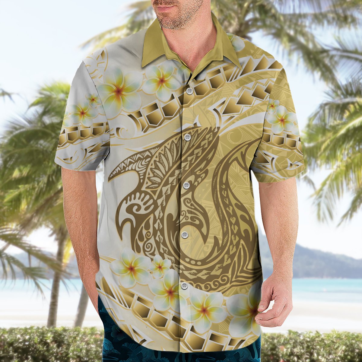 Gold Hawaii Shark Tattoo Hawaiian Shirt Frangipani With Polynesian Pastel Version LT14 - Polynesian Pride
