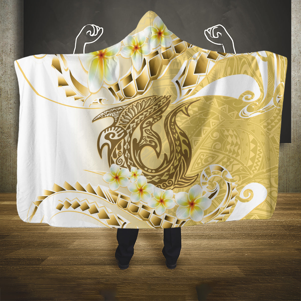 Gold Hawaii Shark Tattoo Hooded Blanket Frangipani With Polynesian Pastel Version LT14 One Size Gold - Polynesian Pride