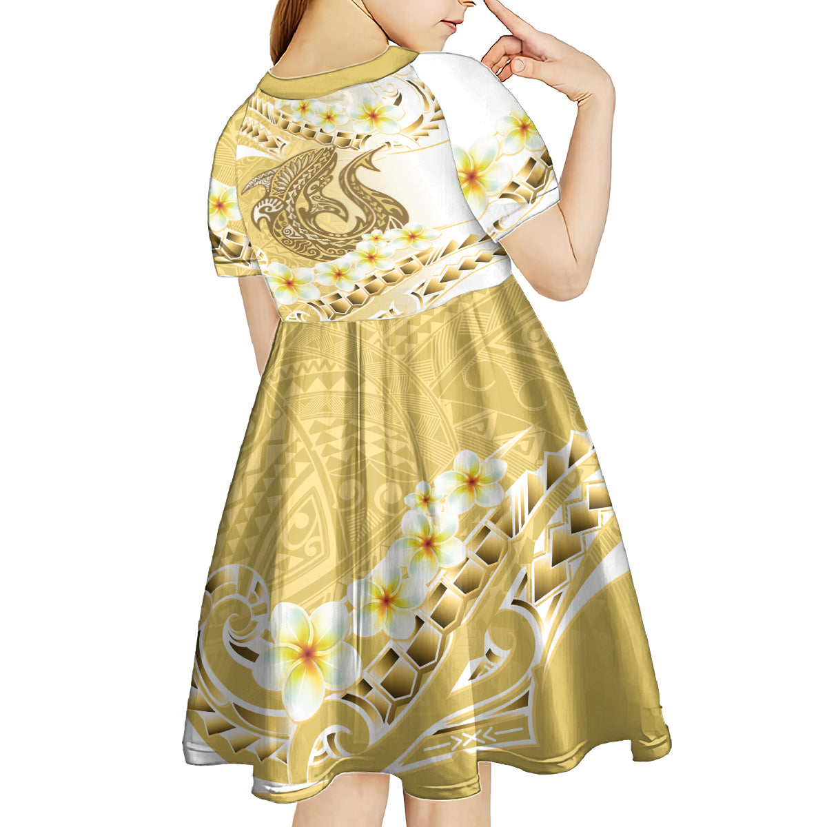 Gold Hawaii Shark Tattoo Kid Short Sleeve Dress Frangipani With Polynesian Pastel Version LT14 - Polynesian Pride