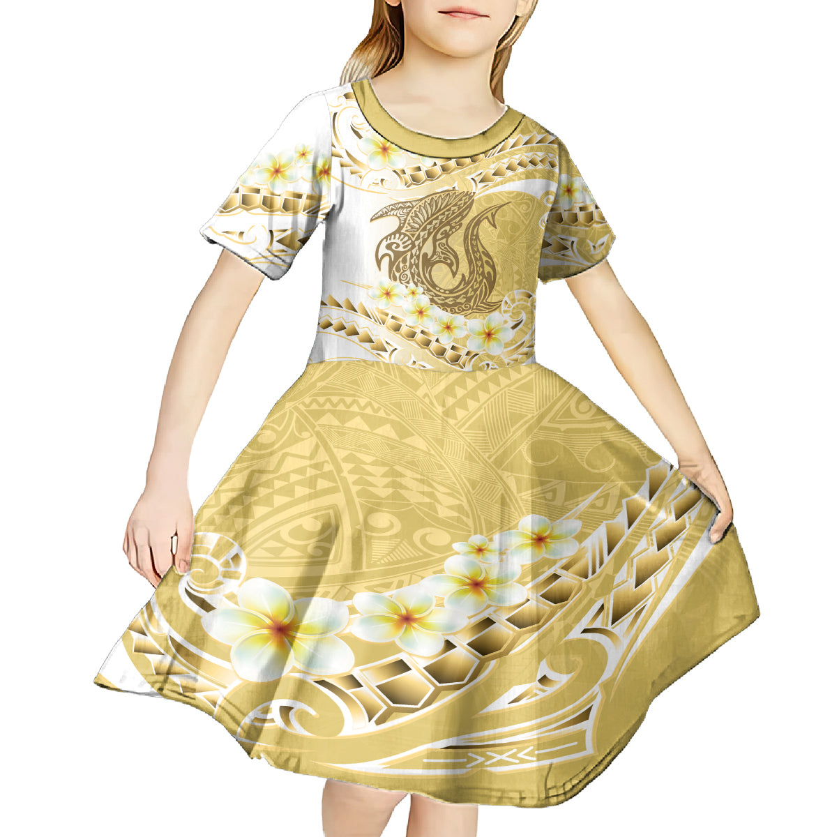 Gold Hawaii Shark Tattoo Kid Short Sleeve Dress Frangipani With Polynesian Pastel Version LT14 - Polynesian Pride