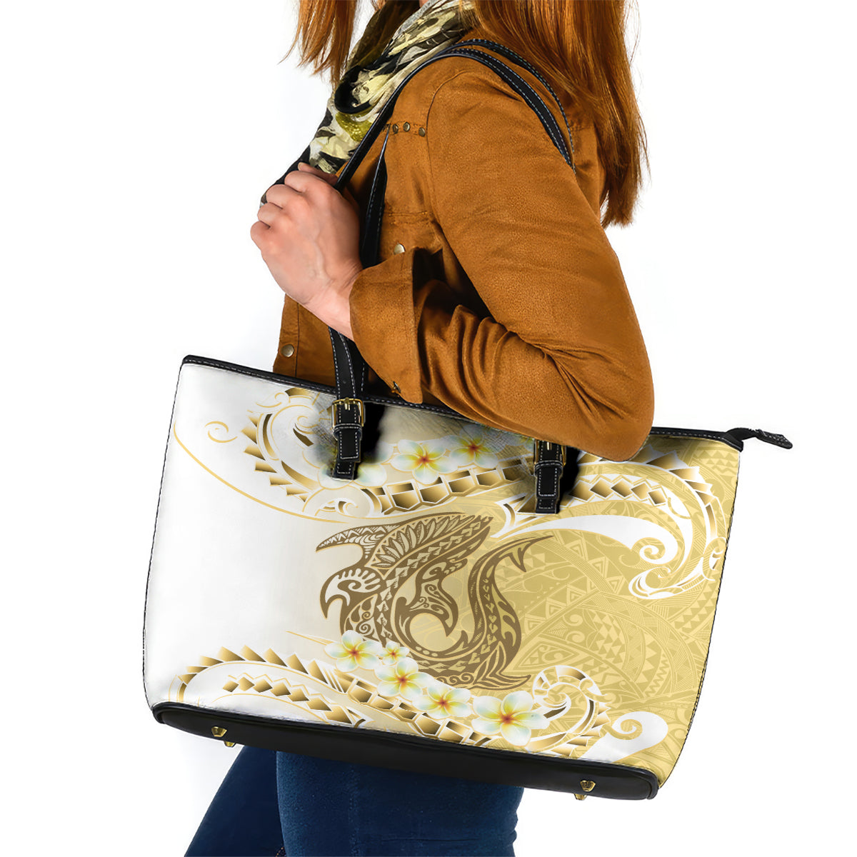 Gold Hawaii Shark Tattoo Leather Tote Bag Frangipani With Polynesian Pastel Version LT14 Gold - Polynesian Pride