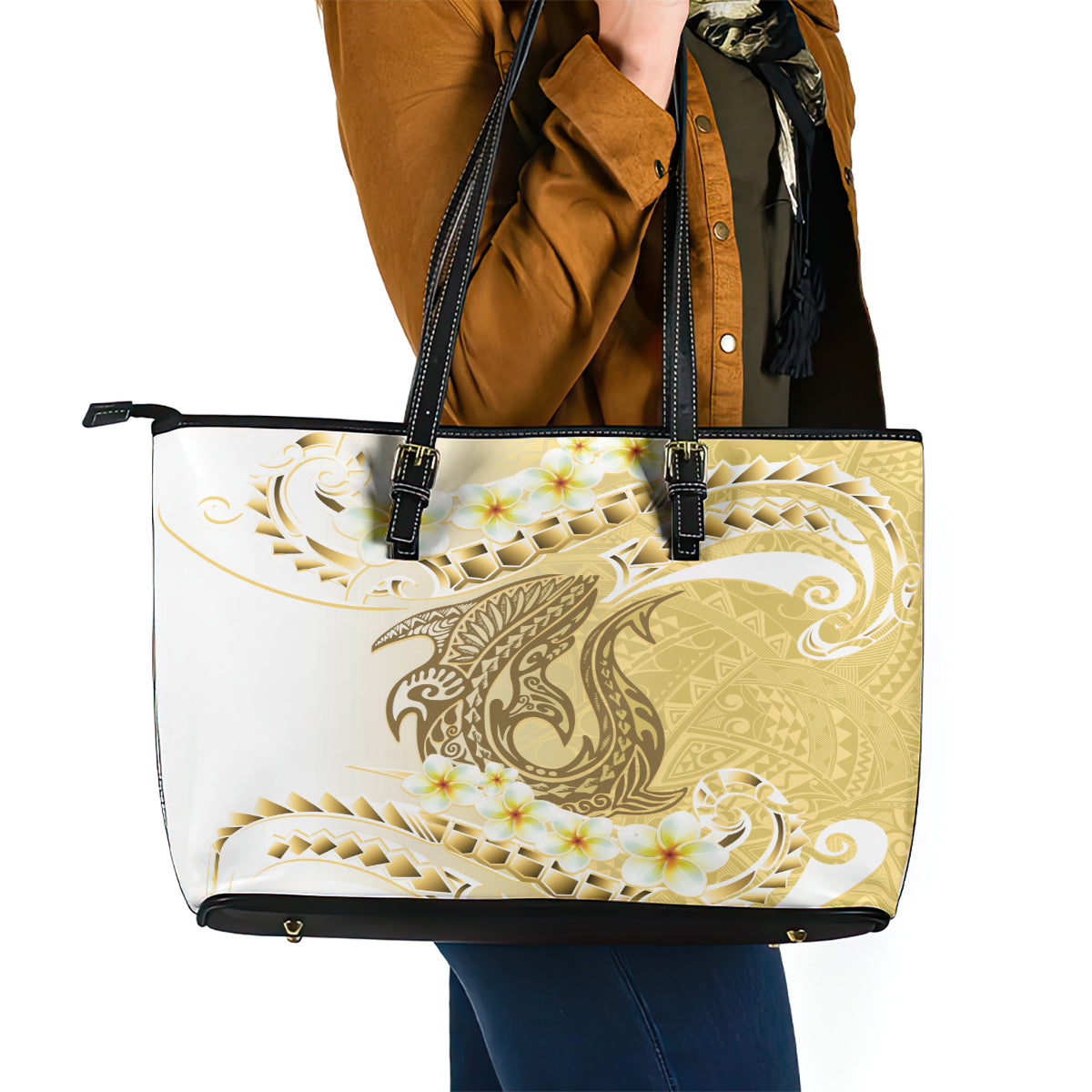 Gold Hawaii Shark Tattoo Leather Tote Bag Frangipani With Polynesian Pastel Version LT14 - Polynesian Pride