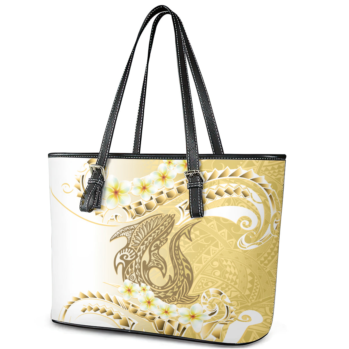 Gold Hawaii Shark Tattoo Leather Tote Bag Frangipani With Polynesian Pastel Version LT14 - Polynesian Pride