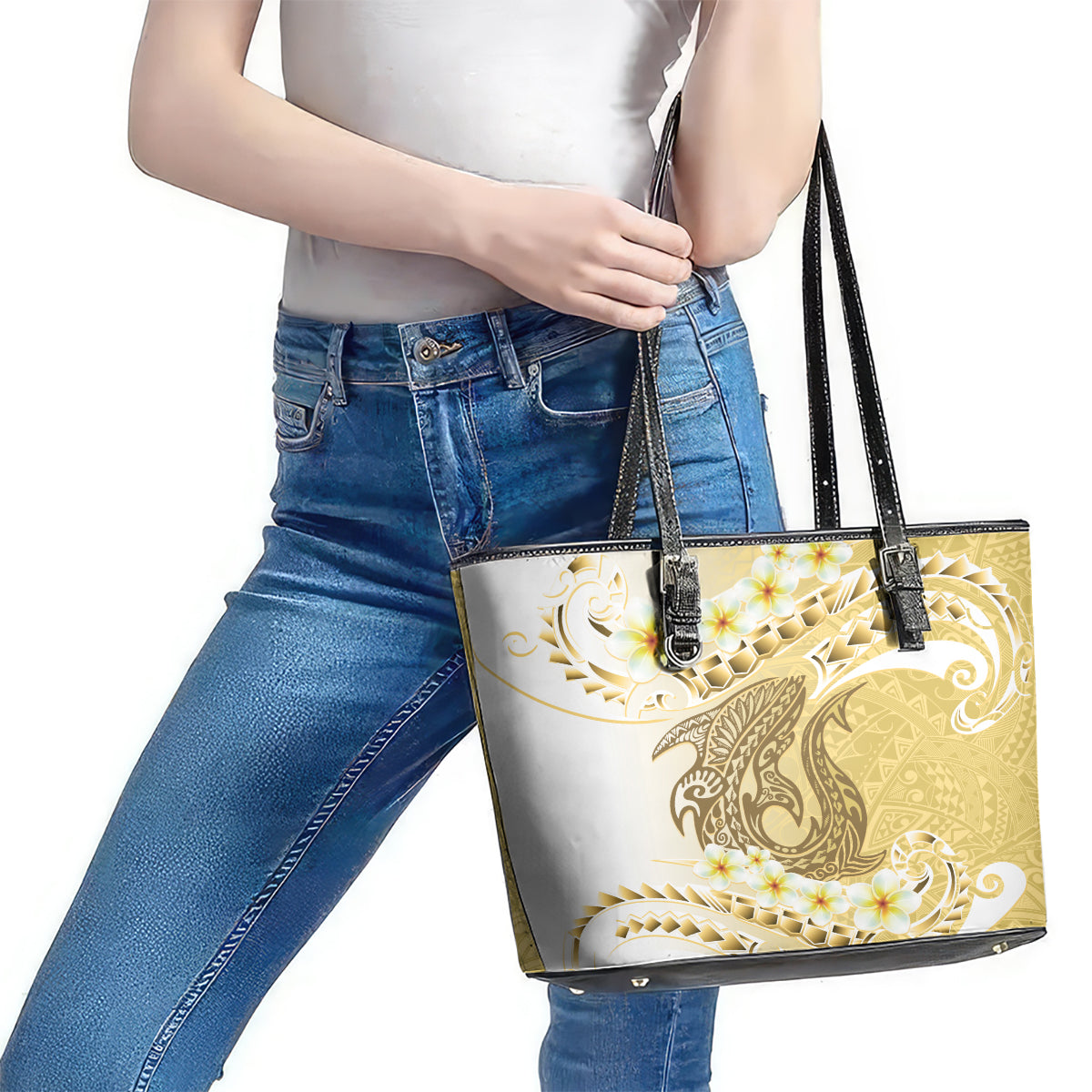 Gold Hawaii Shark Tattoo Leather Tote Bag Frangipani With Polynesian Pastel Version LT14 - Polynesian Pride