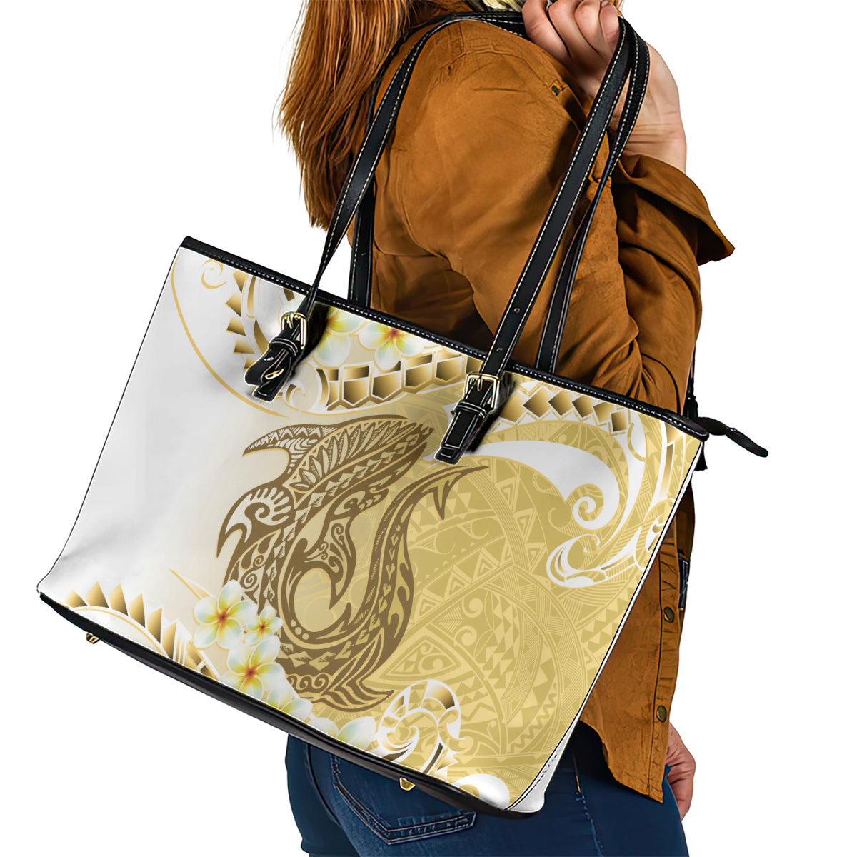 Gold Hawaii Shark Tattoo Leather Tote Bag Frangipani With Polynesian Pastel Version LT14 - Polynesian Pride
