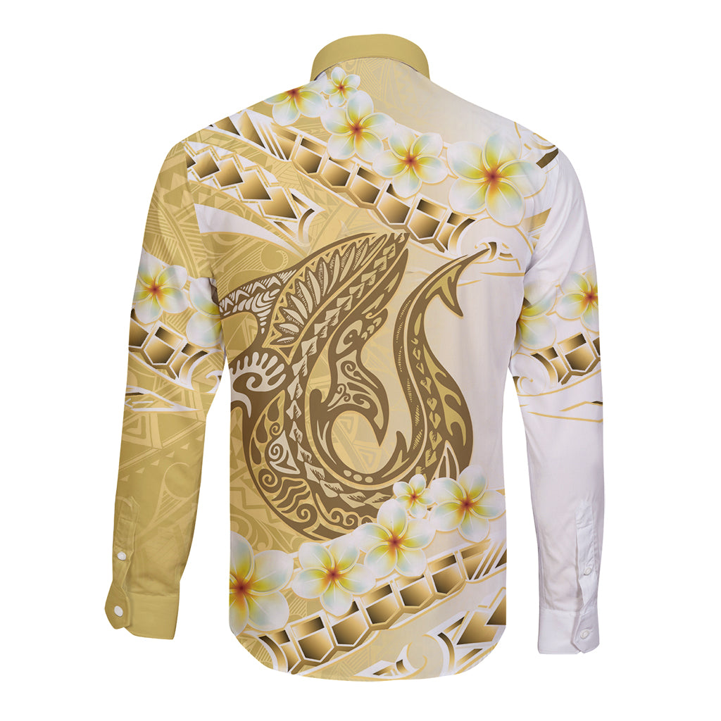 Gold Hawaii Shark Tattoo Long Sleeve Button Shirt Frangipani With Polynesian Pastel Version