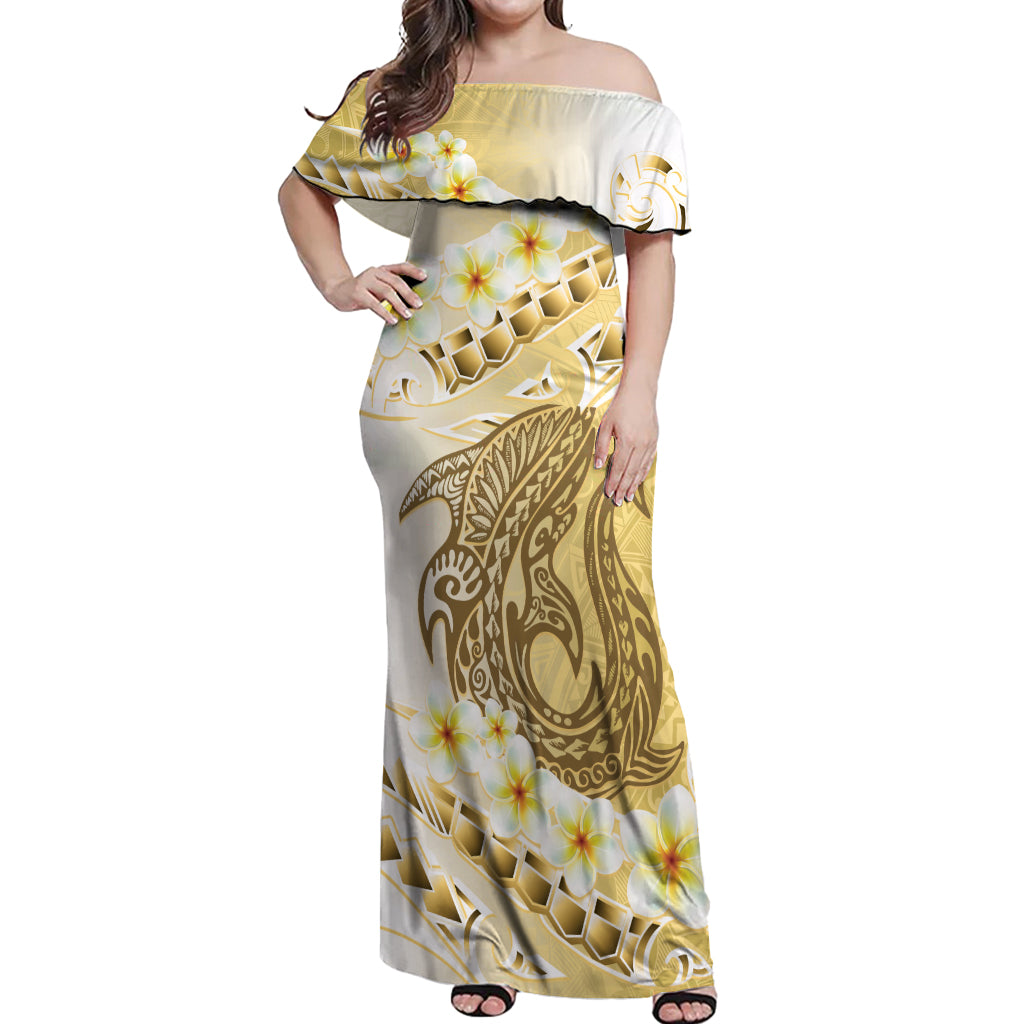 Gold Hawaii Shark Tattoo Off Shoulder Maxi Dress Frangipani With Polynesian Pastel Version LT14 Women Gold - Polynesian Pride
