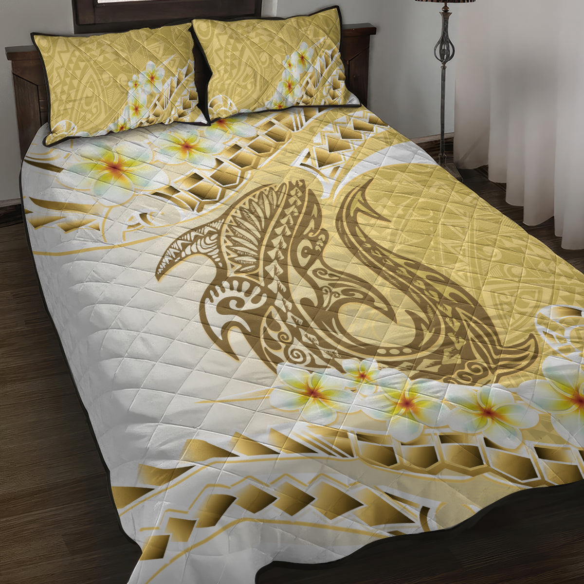 Gold Hawaii Shark Tattoo Quilt Bed Set Frangipani With Polynesian Pastel Version