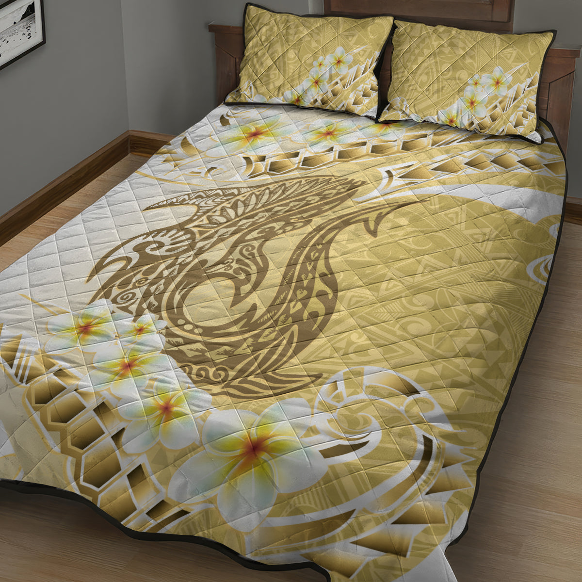 Gold Hawaii Shark Tattoo Quilt Bed Set Frangipani With Polynesian Pastel Version