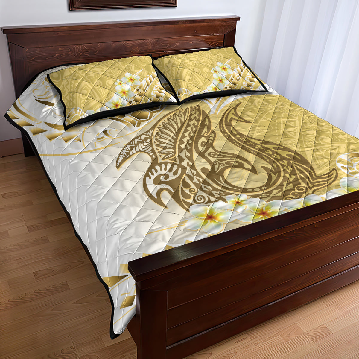 Gold Hawaii Shark Tattoo Quilt Bed Set Frangipani With Polynesian Pastel Version