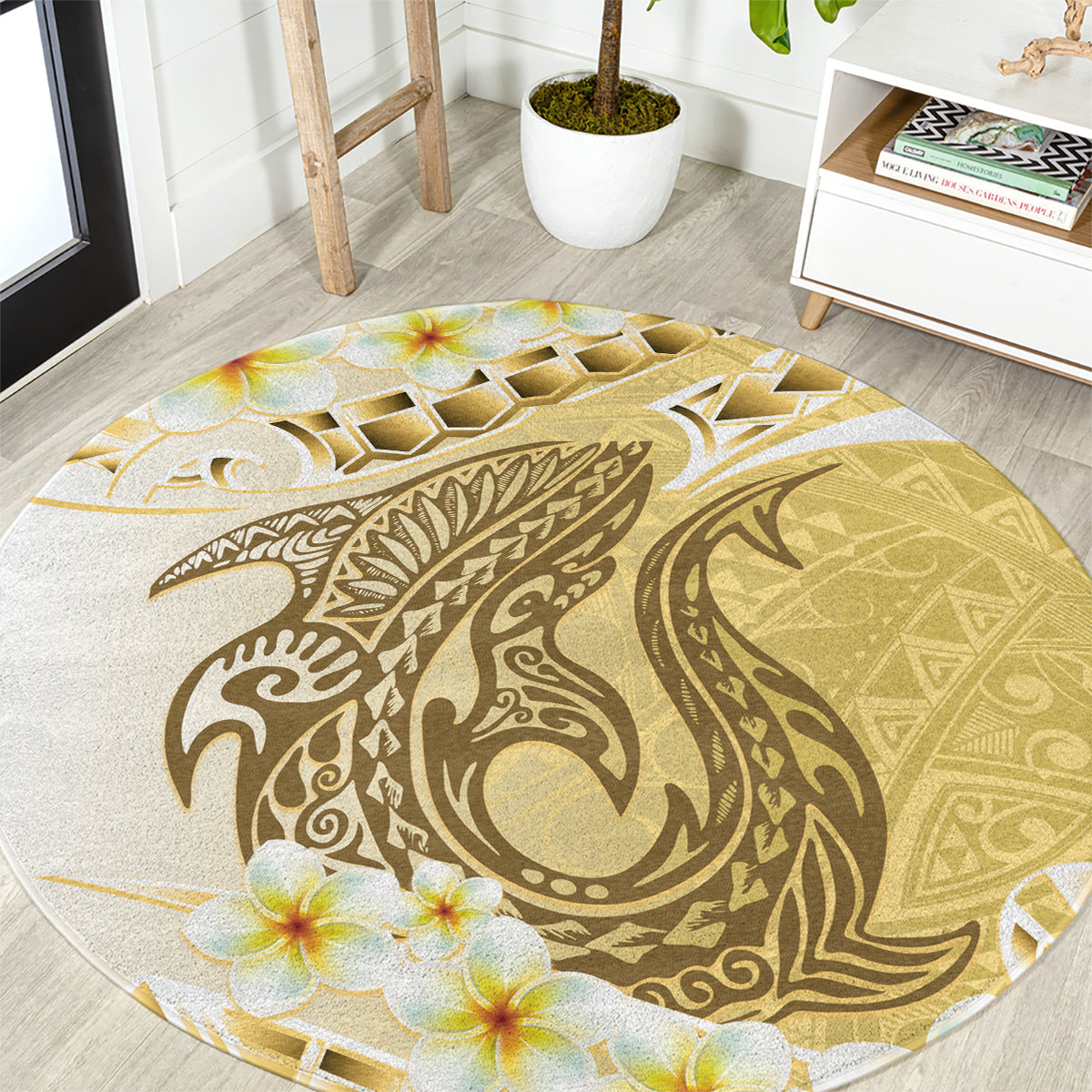 Gold Hawaii Shark Tattoo Round Carpet Frangipani With Polynesian Pastel Version