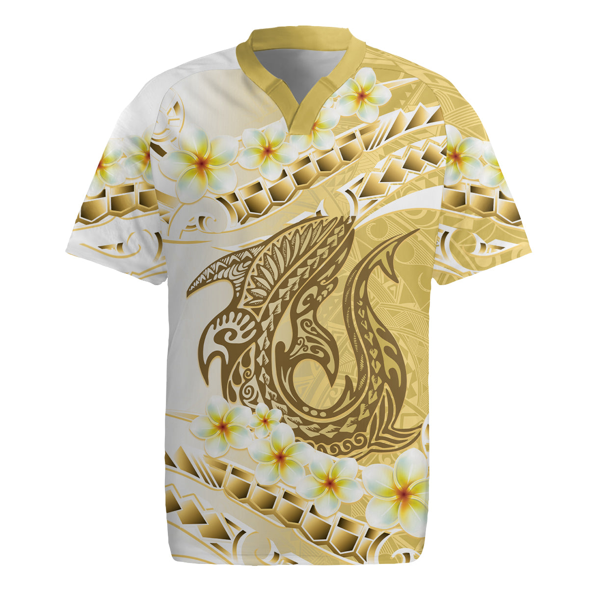 Gold Hawaii Shark Tattoo Rugby Jersey Frangipani With Polynesian Pastel Version LT14 Gold - Polynesian Pride