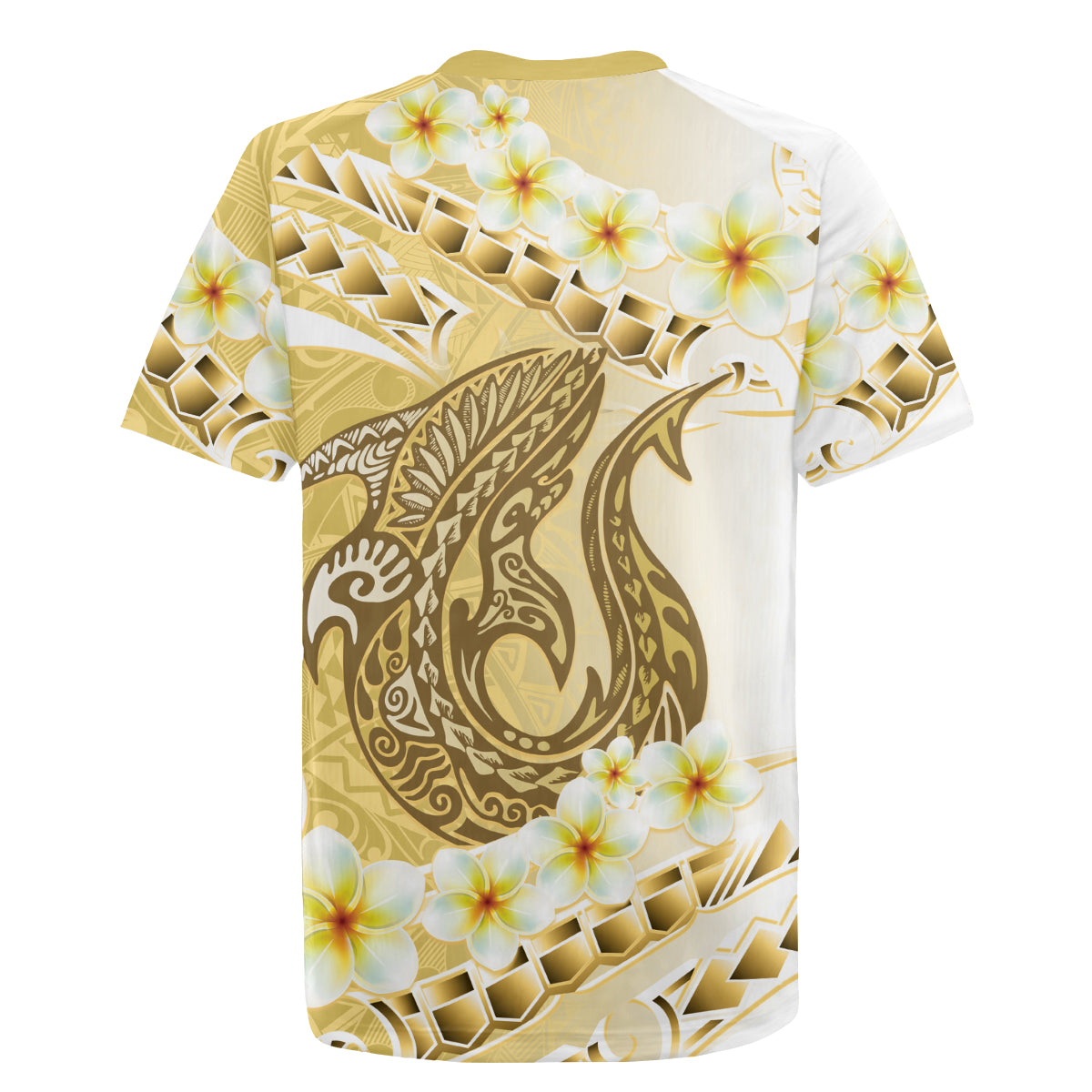 Gold Hawaii Shark Tattoo Rugby Jersey Frangipani With Polynesian Pastel Version LT14 - Polynesian Pride