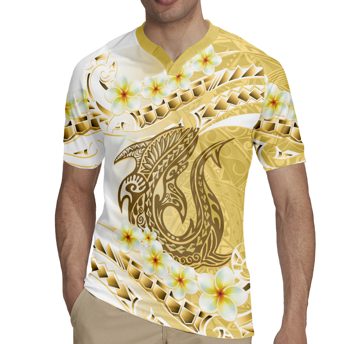 Gold Hawaii Shark Tattoo Rugby Jersey Frangipani With Polynesian Pastel Version LT14 - Polynesian Pride
