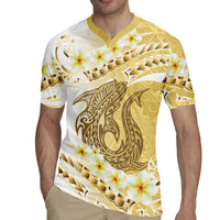 Gold Hawaii Shark Tattoo Rugby Jersey Frangipani With Polynesian Pastel Version LT14 - Polynesian Pride