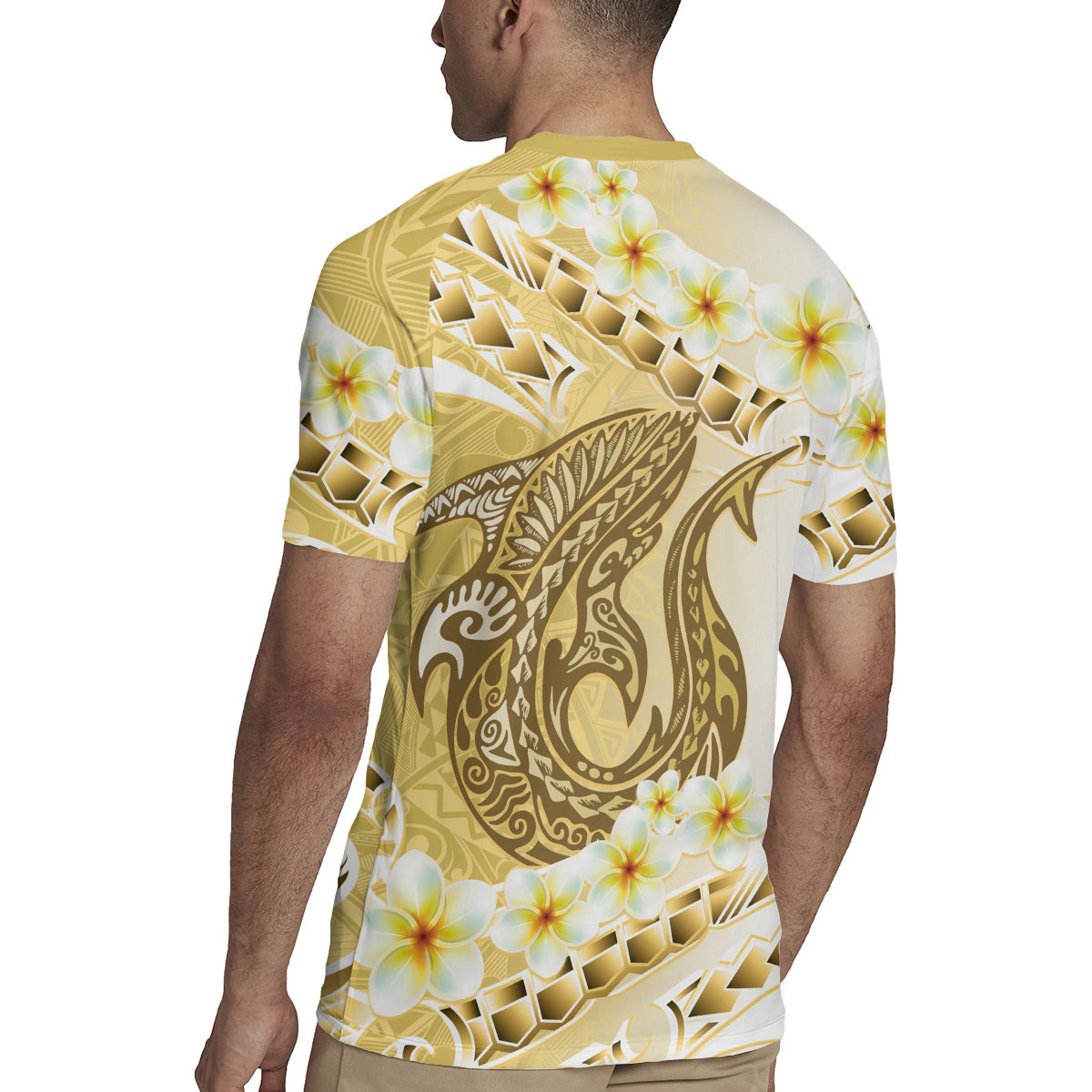 Gold Hawaii Shark Tattoo Rugby Jersey Frangipani With Polynesian Pastel Version LT14 - Polynesian Pride