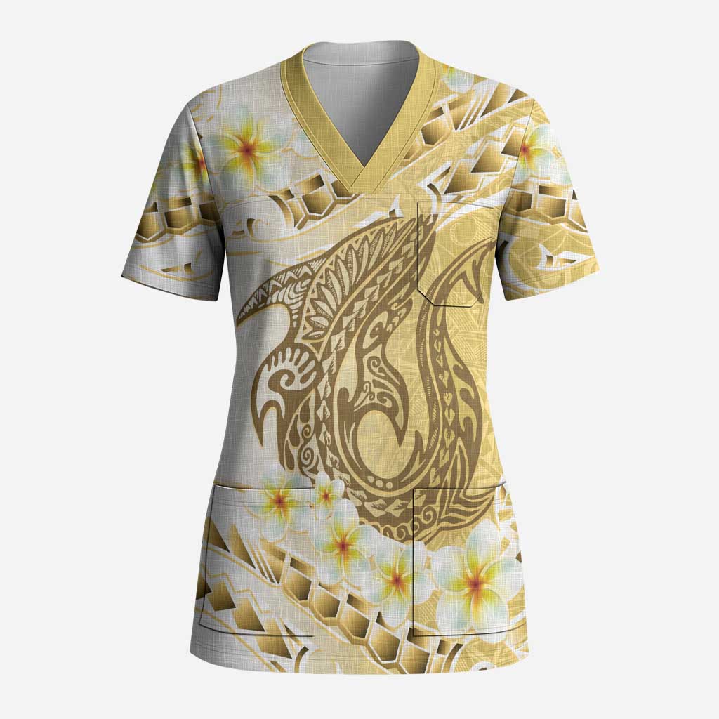 Gold Hawaii Shark Tattoo Scrub Top Frangipani With Polynesian Pastel Version - Polynesian Pride