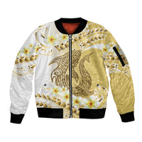Gold Hawaii Shark Tattoo Sleeve Zip Bomber Jacket Frangipani With Polynesian Pastel Version LT14 Unisex Gold - Polynesian Pride