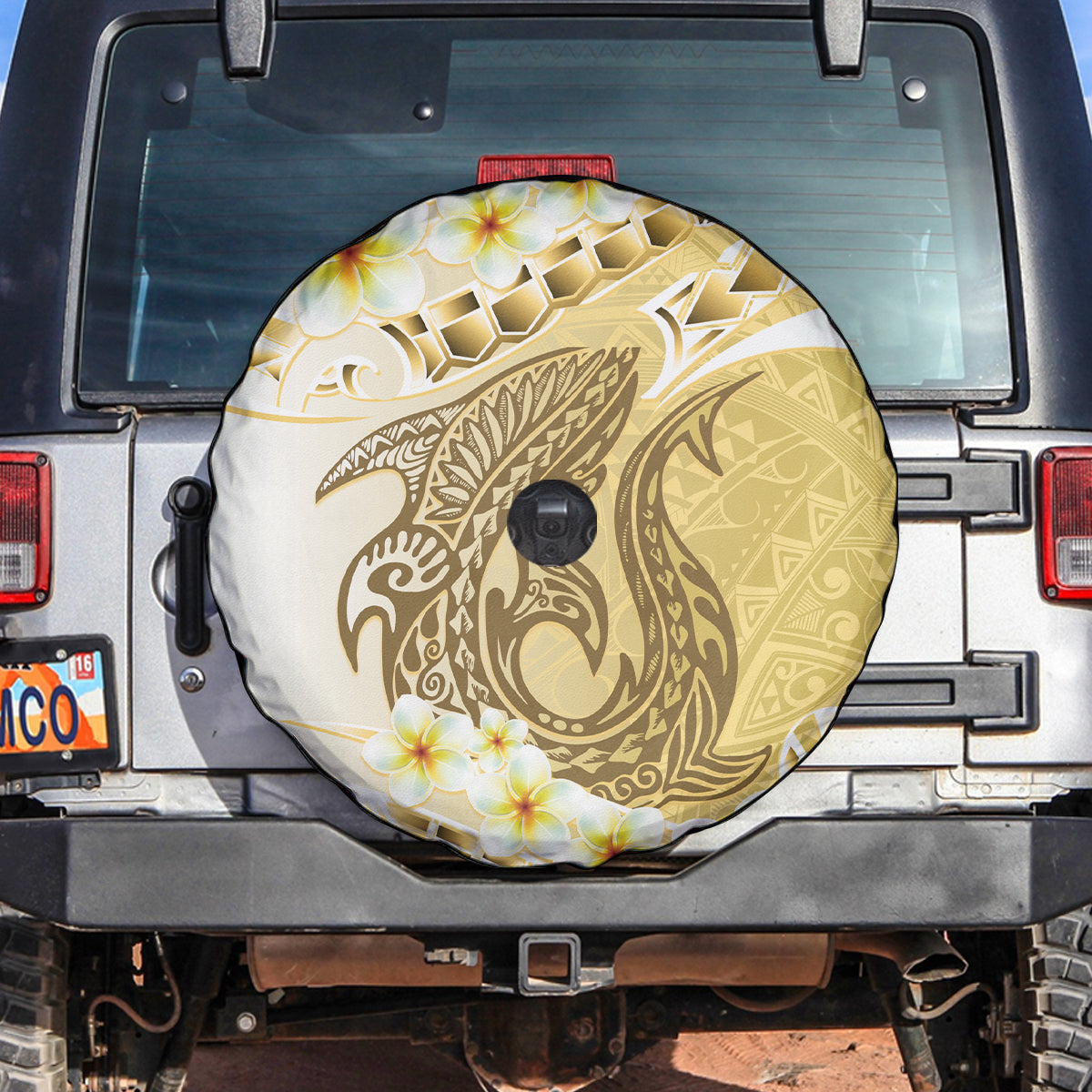 Gold Hawaii Shark Tattoo Spare Tire Cover Frangipani With Polynesian Pastel Version LT14 Gold - Polynesian Pride