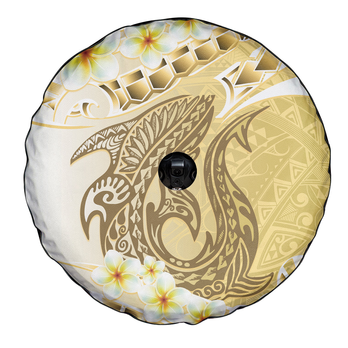 Gold Hawaii Shark Tattoo Spare Tire Cover Frangipani With Polynesian Pastel Version LT14 - Polynesian Pride