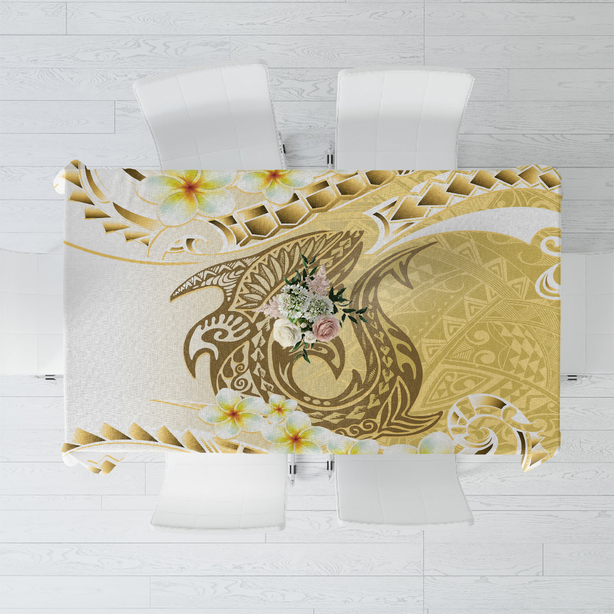 Gold Hawaii Shark Tattoo Tablecloth Frangipani With Polynesian Pastel Version LT14 Gold - Polynesian Pride