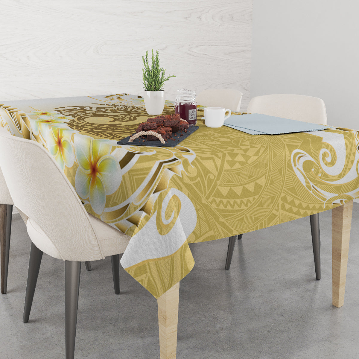 Gold Hawaii Shark Tattoo Tablecloth Frangipani With Polynesian Pastel Version LT14 - Polynesian Pride