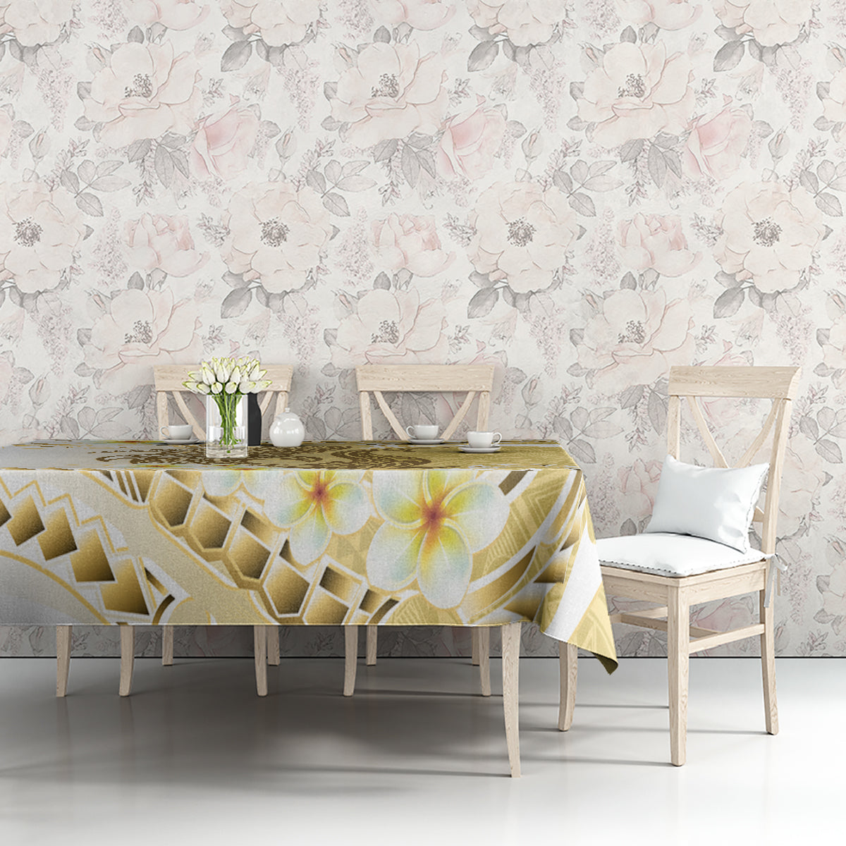 Gold Hawaii Shark Tattoo Tablecloth Frangipani With Polynesian Pastel Version LT14 - Polynesian Pride
