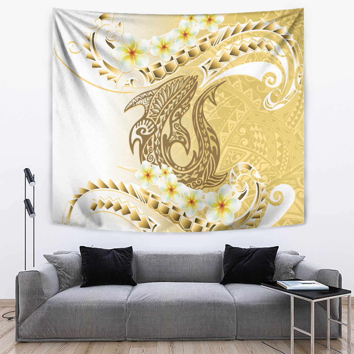 Gold Hawaii Shark Tattoo Tapestry Frangipani With Polynesian Pastel Version