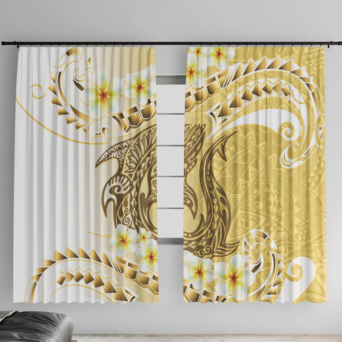 Gold Hawaii Shark Tattoo Window Curtain Frangipani With Polynesian Pastel Version