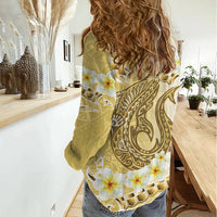 Gold Hawaii Shark Tattoo Women Casual Shirt Frangipani With Polynesian Pastel Version