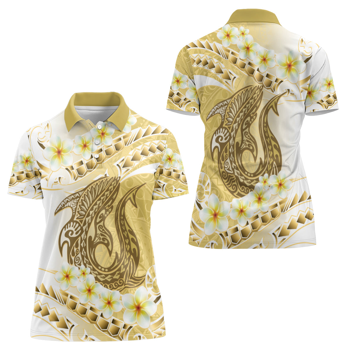Gold Hawaii Shark Tattoo Women Polo Shirt Frangipani With Polynesian Pastel Version