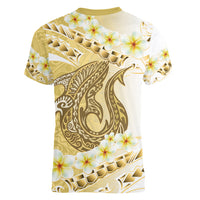 Gold Hawaii Shark Tattoo Women V-Neck T-Shirt Frangipani With Polynesian Pastel Version