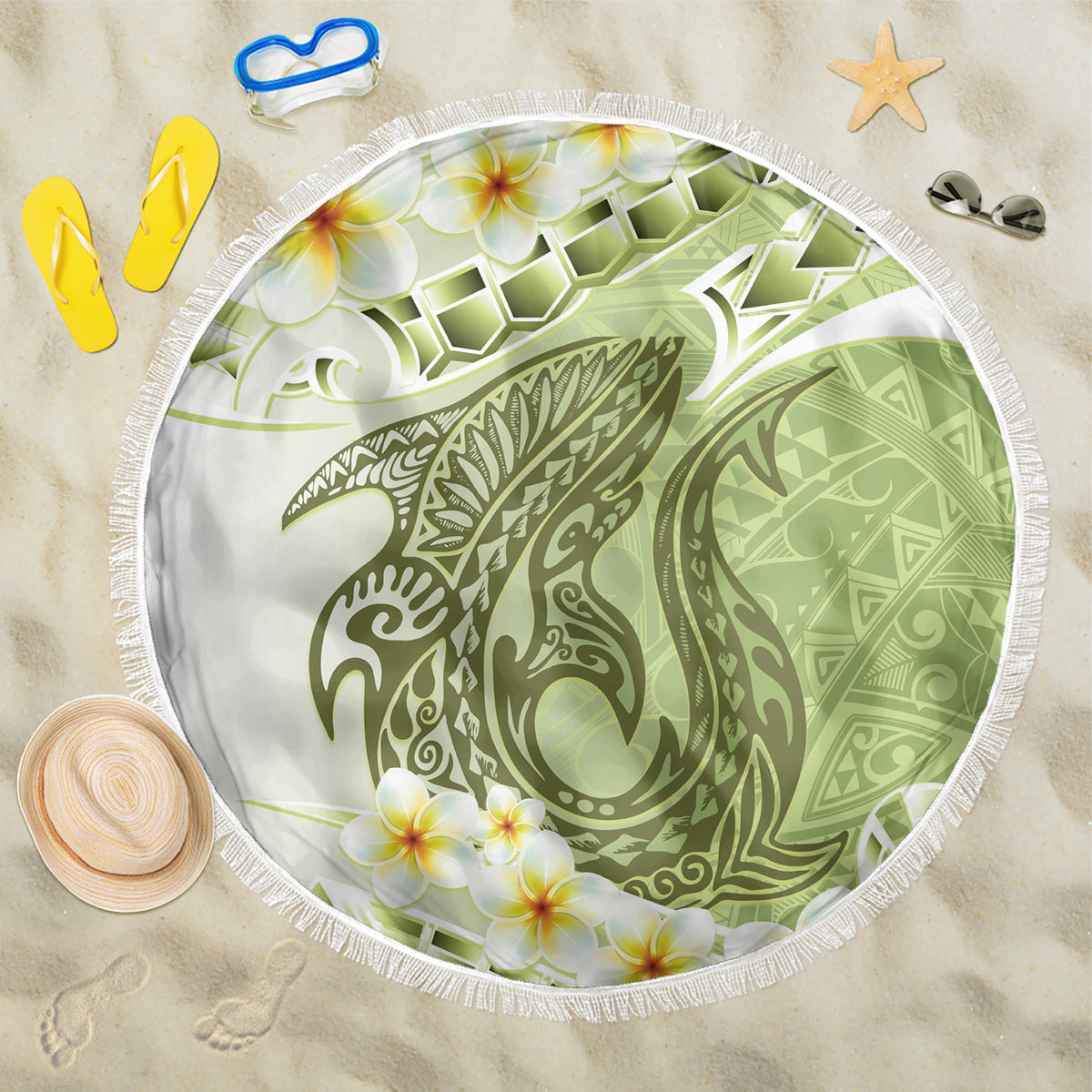 Green Hawaii Shark Tattoo Beach Blanket Frangipani With Polynesian Pastel Version LT14 One Size 150cm Green - Polynesian Pride