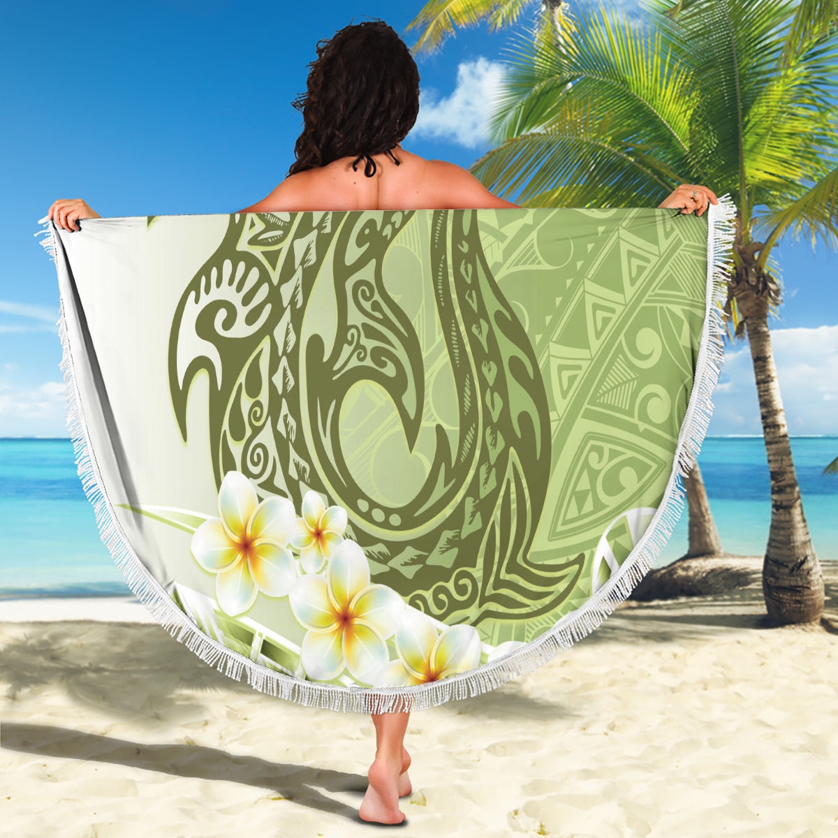 Green Hawaii Shark Tattoo Beach Blanket Frangipani With Polynesian Pastel Version LT14 - Polynesian Pride