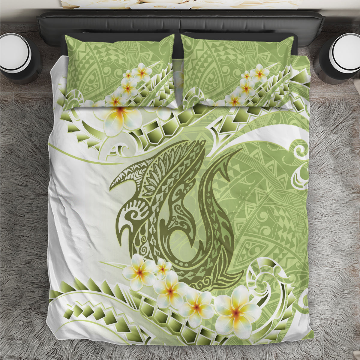 Green Hawaii Shark Tattoo Bedding Set Frangipani With Polynesian Pastel Version LT14 Green - Polynesian Pride