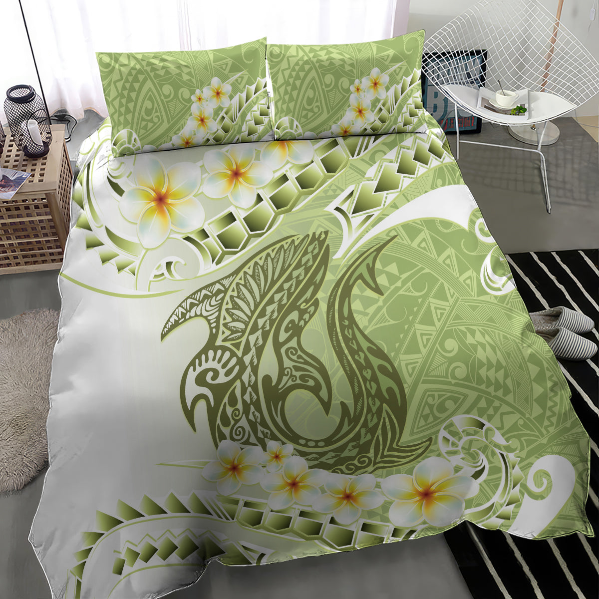 Green Hawaii Shark Tattoo Bedding Set Frangipani With Polynesian Pastel Version LT14 - Polynesian Pride