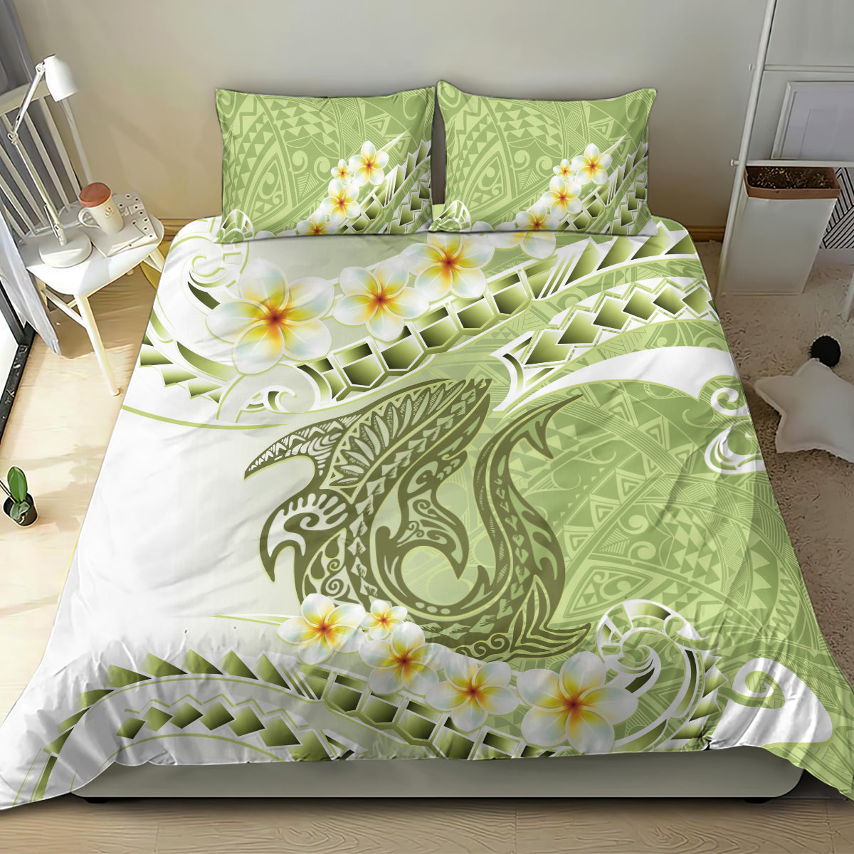 Green Hawaii Shark Tattoo Bedding Set Frangipani With Polynesian Pastel Version LT14 - Polynesian Pride