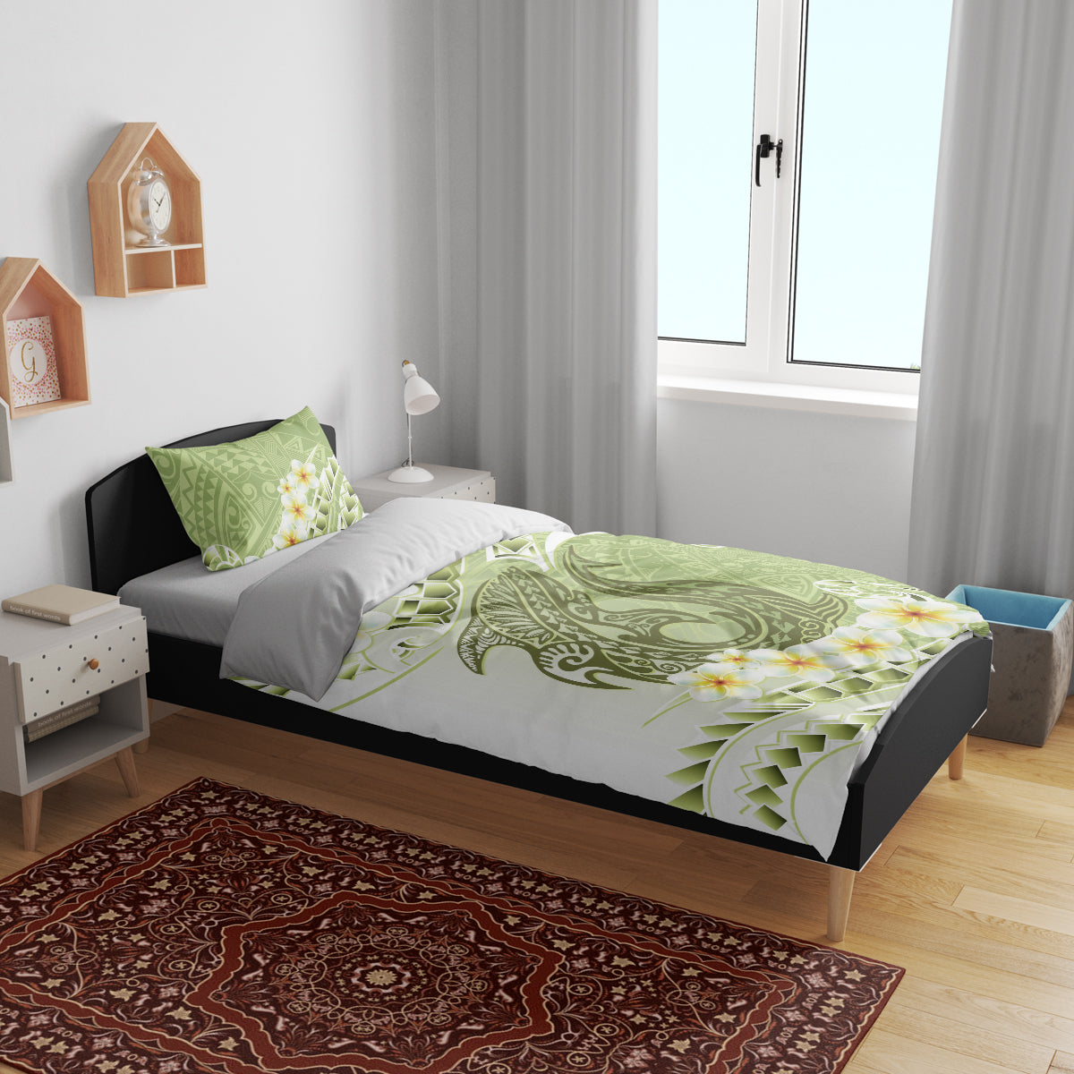 Green Hawaii Shark Tattoo Bedding Set Frangipani With Polynesian Pastel Version LT14 - Polynesian Pride