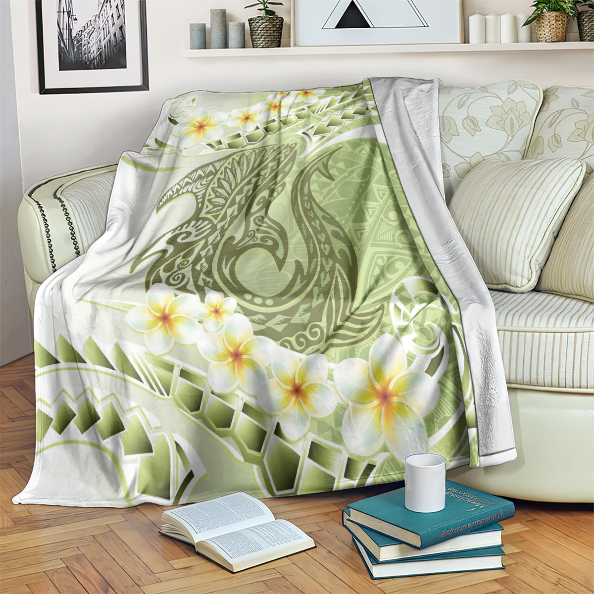 Green Hawaii Shark Tattoo Blanket Frangipani With Polynesian Pastel Version LT14 Green - Polynesian Pride