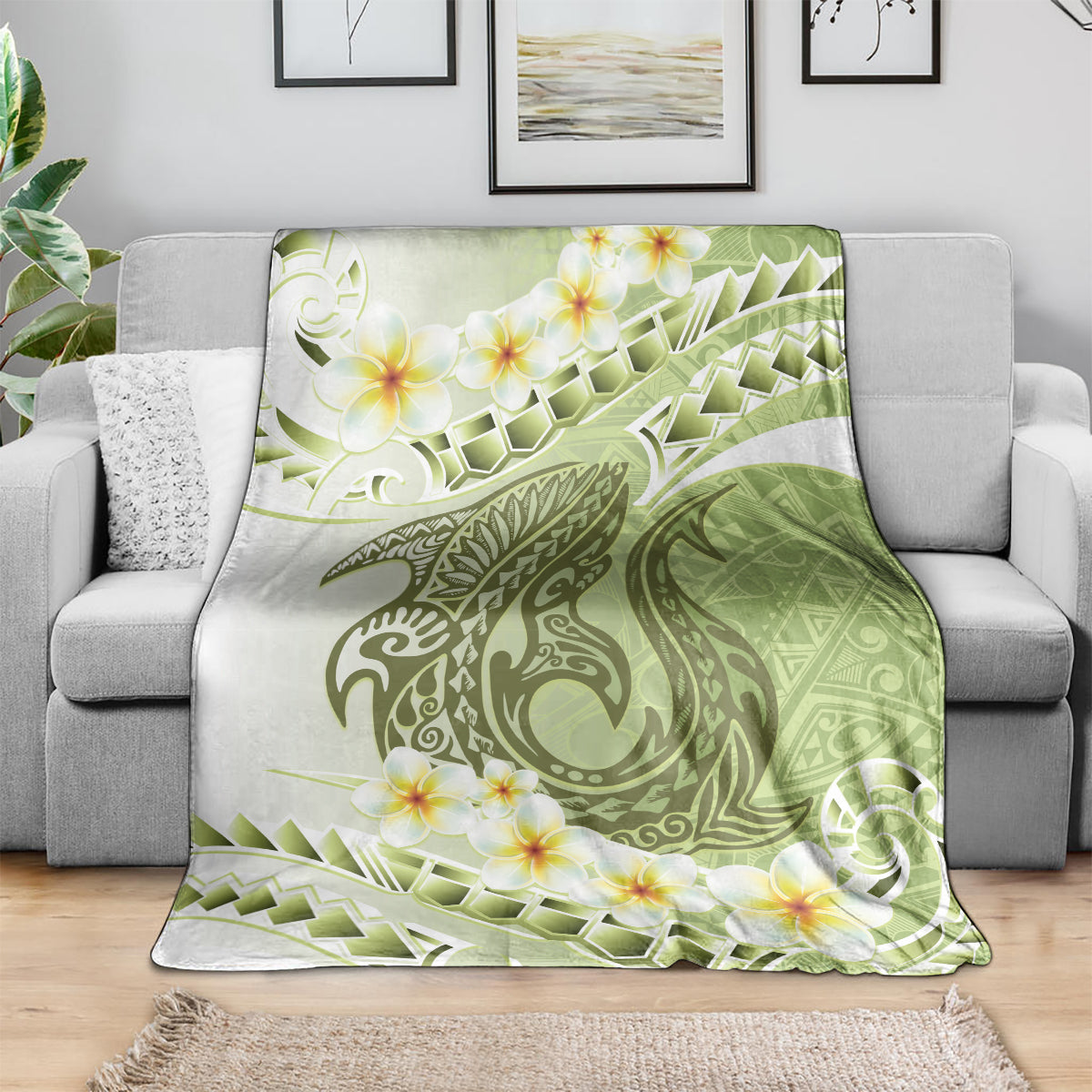 Green Hawaii Shark Tattoo Blanket Frangipani With Polynesian Pastel Version LT14 - Polynesian Pride