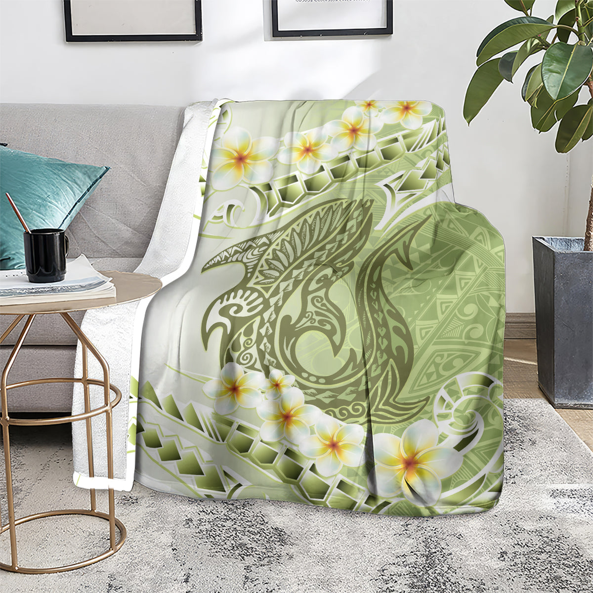 Green Hawaii Shark Tattoo Blanket Frangipani With Polynesian Pastel Version LT14 - Polynesian Pride