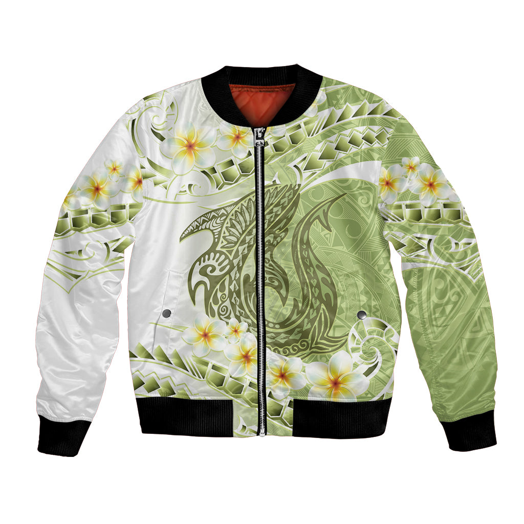 Green Hawaii Shark Tattoo Bomber Jacket Frangipani With Polynesian Pastel Version LT14 Unisex Green - Polynesian Pride