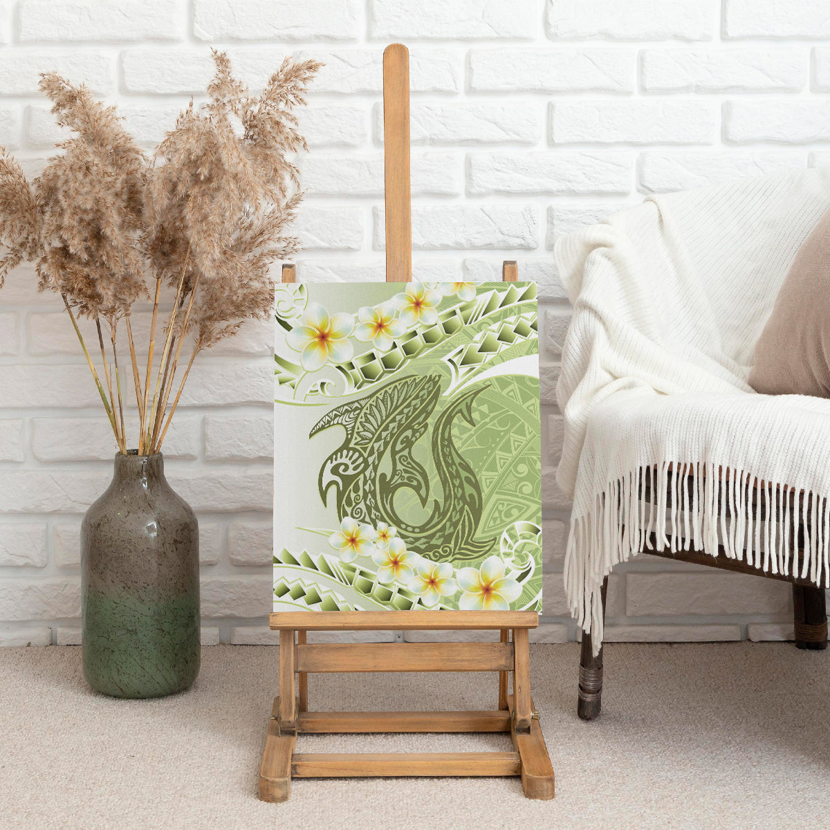 Green Hawaii Shark Tattoo Canvas Wall Art Frangipani With Polynesian Pastel Version LT14 - Polynesian Pride