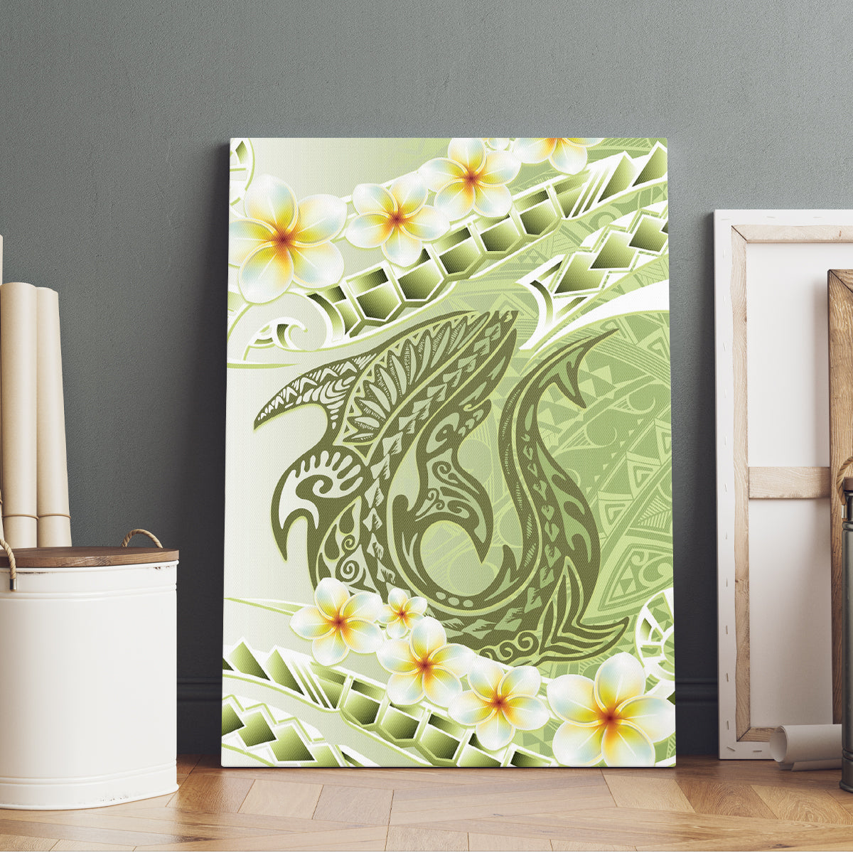 Green Hawaii Shark Tattoo Canvas Wall Art Frangipani With Polynesian Pastel Version LT14 - Polynesian Pride
