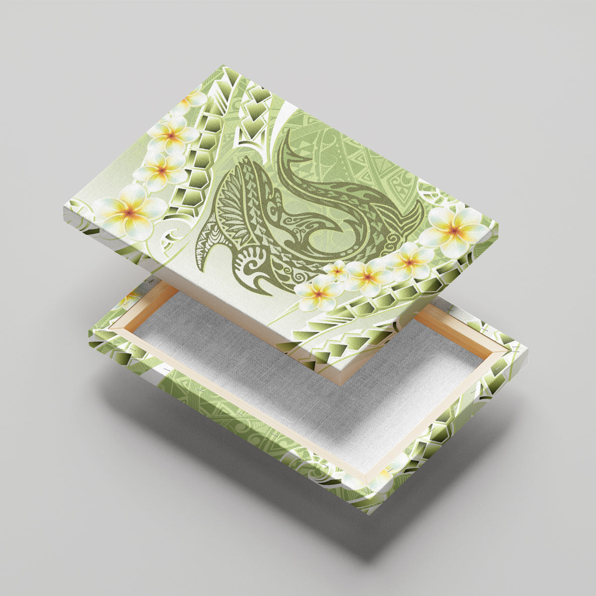 Green Hawaii Shark Tattoo Canvas Wall Art Frangipani With Polynesian Pastel Version LT14 - Polynesian Pride