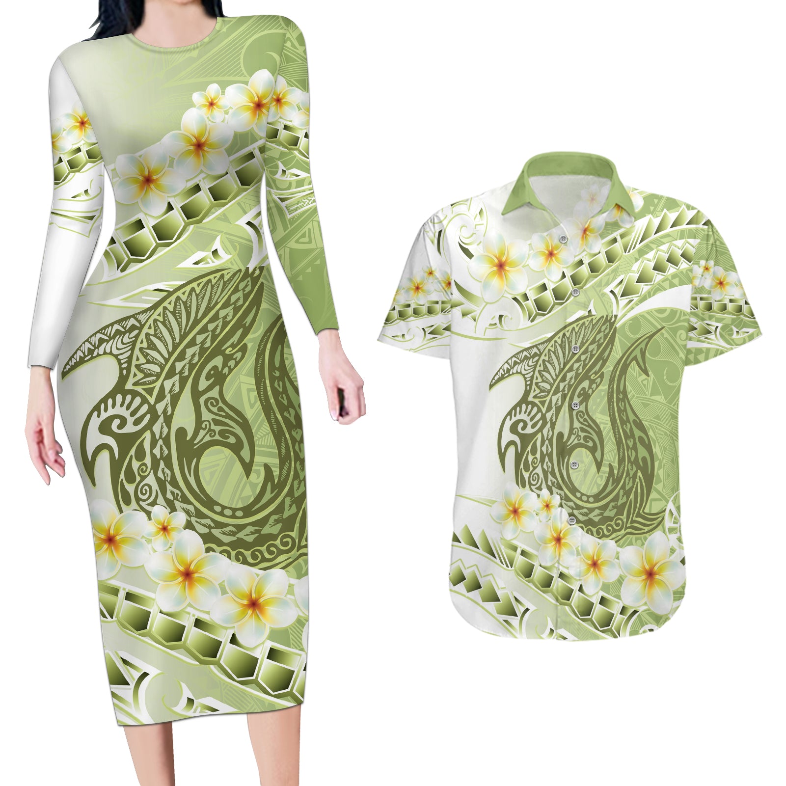 Green Hawaii Shark Tattoo Couples Matching Long Sleeve Bodycon Dress and Hawaiian Shirt Frangipani With Polynesian Pastel Version