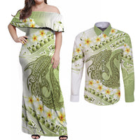 Green Hawaii Shark Tattoo Couples Matching Off Shoulder Maxi Dress and Long Sleeve Button Shirt Frangipani With Polynesian Pastel Version